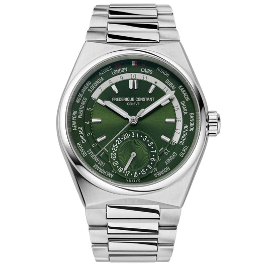 Luxury wristwatch FREDERIQUE CONSTANT MOD. FC-718GR4NH6B-IT with green dial and stainless steel bracelet.