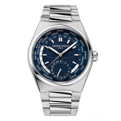 FREDERIQUE CONSTANT MOD. FC-718N4NH6B Swiss wristwatch with blue dial and stainless steel band, displayed in official packaging box.