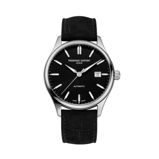 FREDERIQUE CONSTANT Mod. CLASSIC wristwatch with black leather strap, 40 mm stainless steel case, sapphire dial, 5 ATM water resistance.