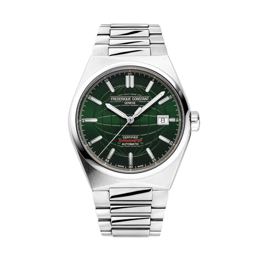 FREDERIQUE CONSTANT Mod. HIGHLIFE AUTOMATIC COSC wristwatch with stainless steel case and bracelet, green dial, date function.