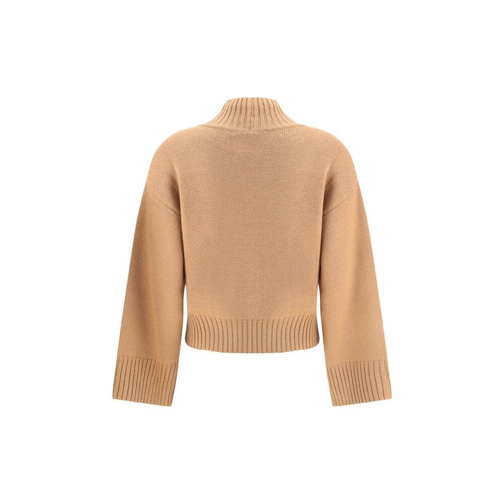 Back view of Fabiana Filippi Beige Fleece Wool Sweatshirt showcasing ribbed high neck, hem, and cuffs for a refined look.