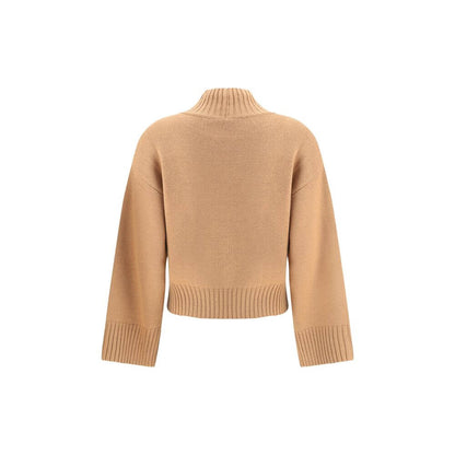 Back view of Fabiana Filippi Beige Fleece Wool Sweatshirt showcasing ribbed high neck, hem, and cuffs for a refined look.