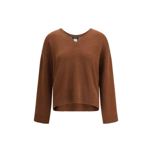 Fabiana Filippi Brown Cashmere Cashmere Sweater with ribbed V-neck, hem, and cuffs, 100% cashmere, classic AW25 style.