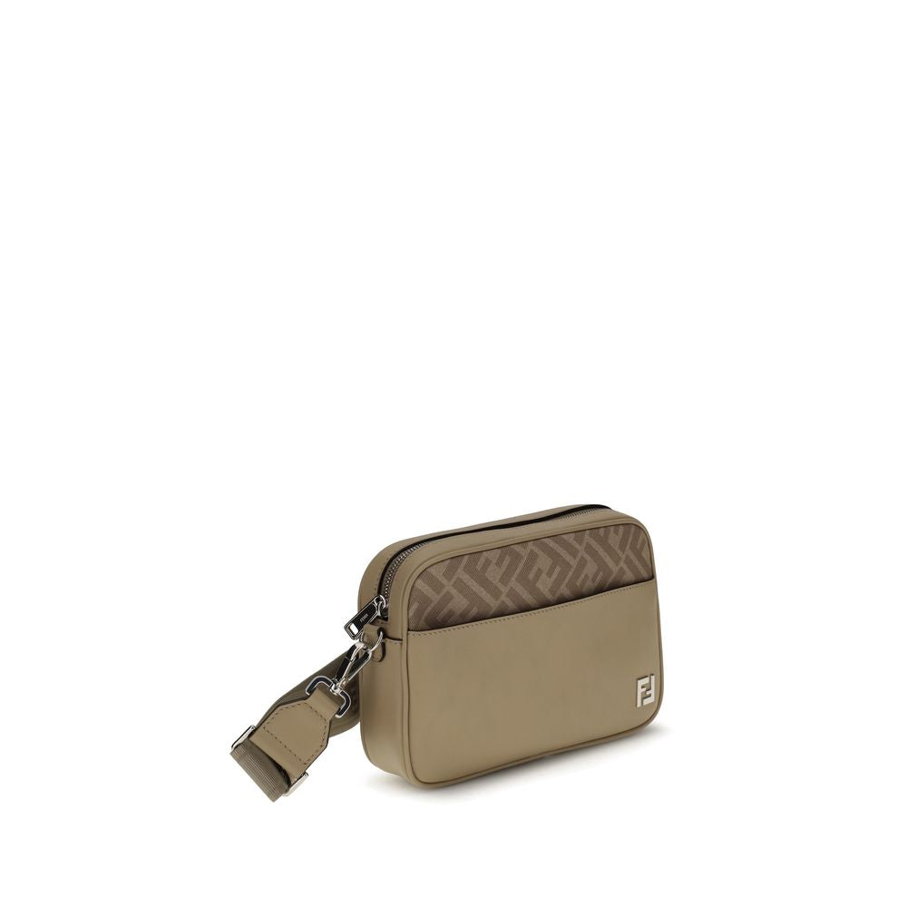 Fendi Beige Leather Shoulder Bag with FF canvas, metal appliqué, and crossbody strap