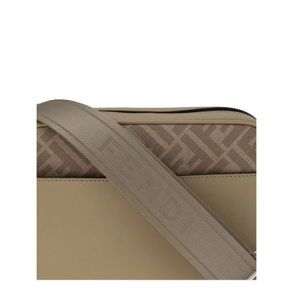 Fendi Beige Leather Shoulder Bag with iconic FF canvas, metal FF appliqué, and adjustable crossbody strap, focus on details.