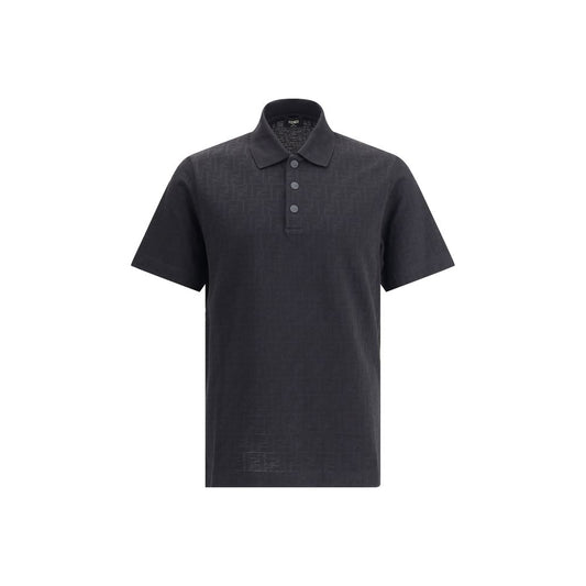 Fendi Black Cotton Polo Shirt with FF jacquard print, ribbed collar, and tone-on-tone buttons, perfect for a casual yet polished look.