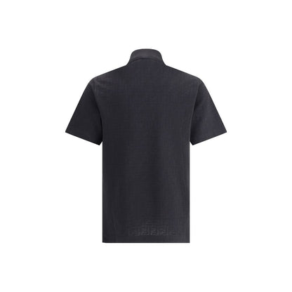 Fendi Black Cotton Polo Shirt with FF jacquard print, ribbed collar, and tone-on-tone buttons, offering a sophisticated and versatile look.