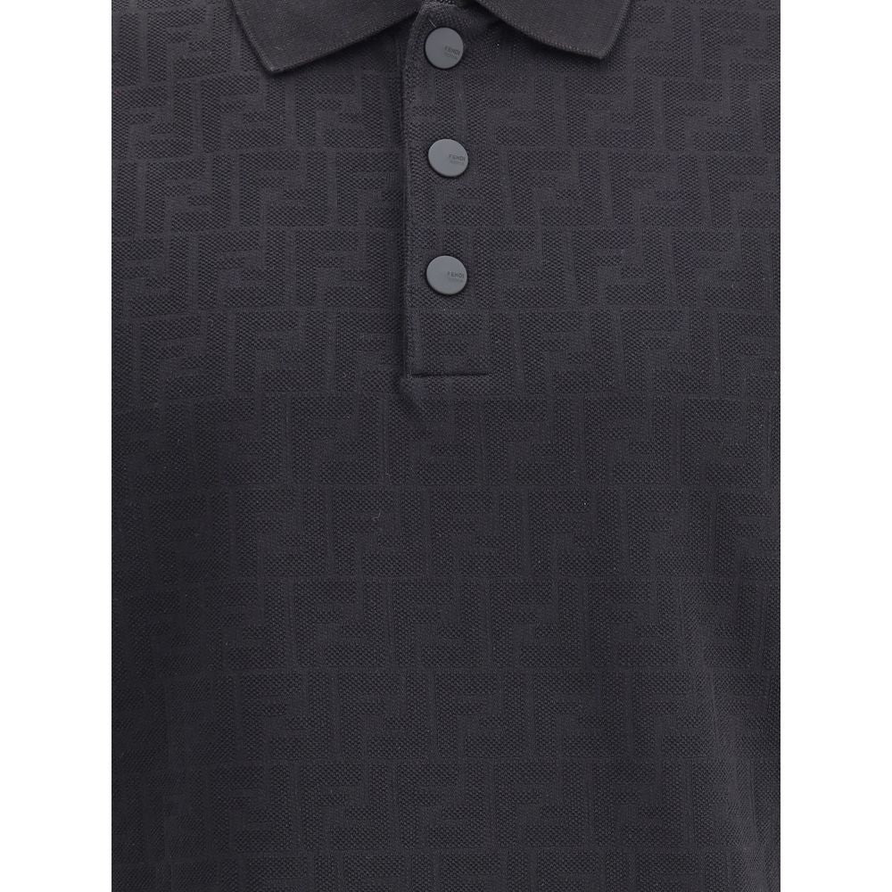 Fendi Black Cotton Polo Shirt with ribbed collar, tone-on-tone buttons, and iconic FF jacquard print, AW25 collection.