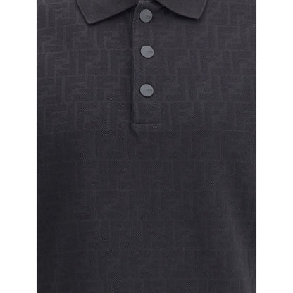 Fendi Black Cotton Polo Shirt with ribbed collar, tone-on-tone buttons, and iconic FF jacquard print, AW25 collection.