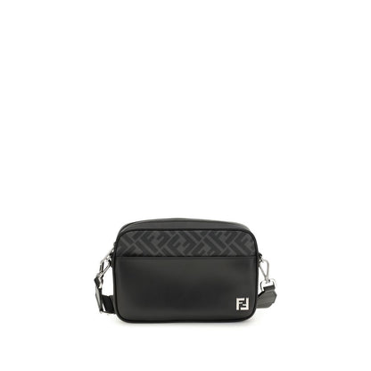 Fendi Black Leather Shoulder Bag with FF logo applique and adjustable strap, featuring a black leather and FF canvas design.