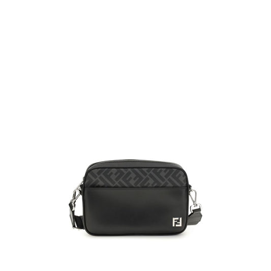 Fendi Black Leather Shoulder Bag with FF logo applique and adjustable strap, featuring a black leather and FF canvas design.