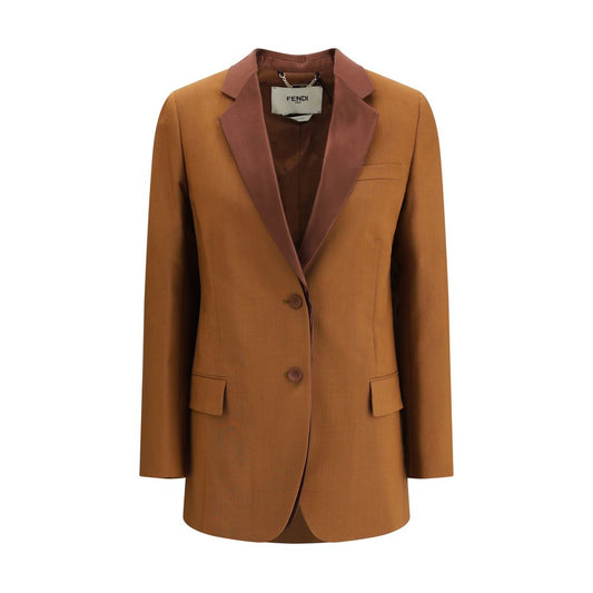 Fendi Brown Wool Blazer with satin lapels, single-breasted button closure, breast pocket, and decorative sleeve buttons.