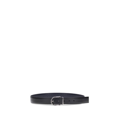 Ferragamo Black Calf Leather Bos Taurus Belt with reversible design and geometric buckle.