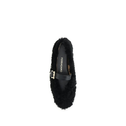 Top view of Ferragamo Black Fur Ballet Flats with Gancini buckle and shearling lining