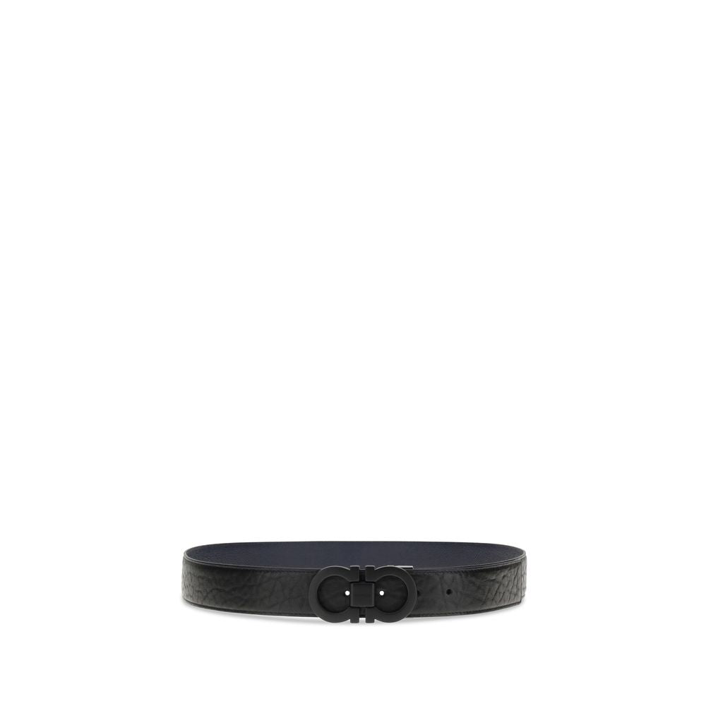 Ferragamo Blue Calf Leather Bos Taurus Belt with black-finish Gancini buckle and engraved signature plaque, fall-winter elegance.