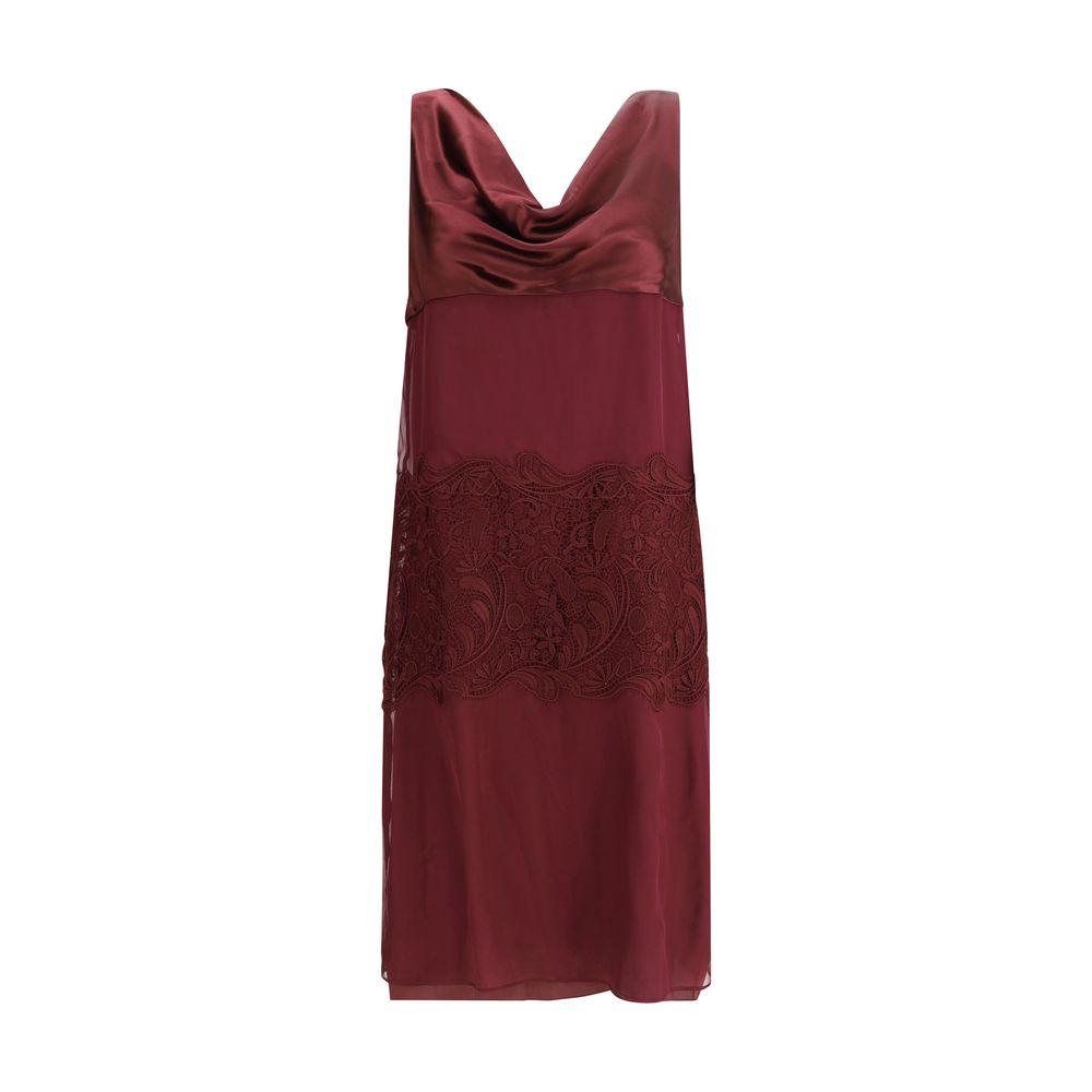 Ferragamo Bordeaux Silk Cocktail Dress with draped neckline and elegant embroidery, embodying 1920s elegance with modern sophistication.