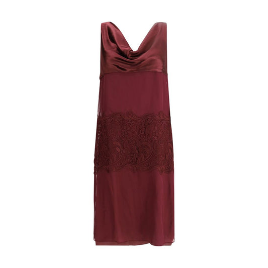 Ferragamo Bordeaux Silk Cocktail Dress with draped neckline and elegant embroidery, embodying 1920s elegance with modern sophistication.