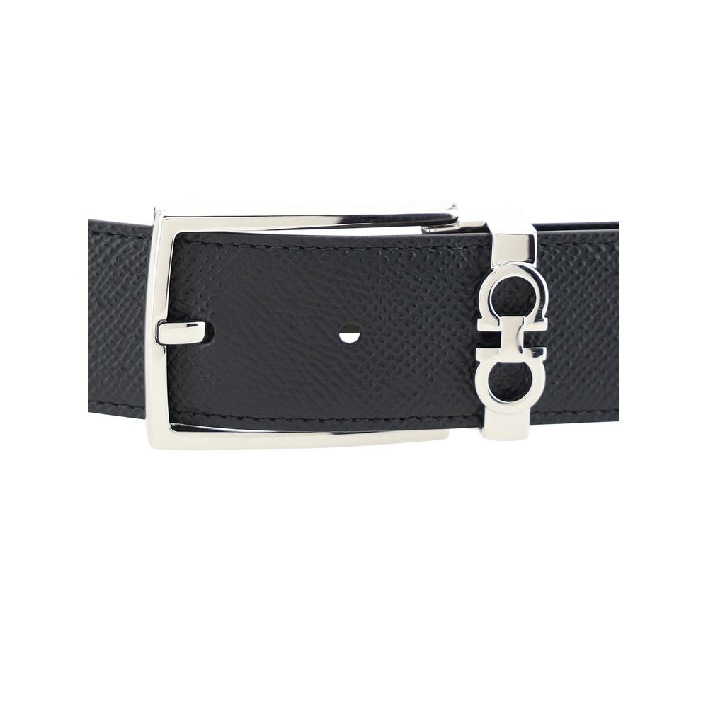 Ferragamo Reversible Belt in high-quality grained leather with a signature Gancini logo metal buckle, elegant and versatile accessory.