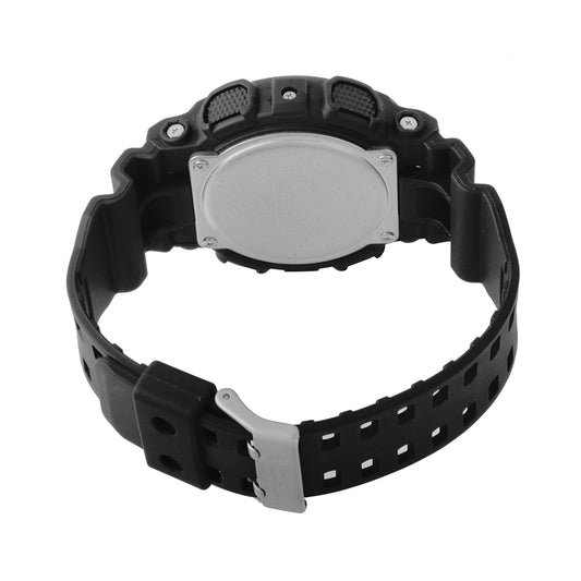 Rear view of CASIO G-SHOCK Mod. GS BASIC wristwatch with black resin strap and silver casing.