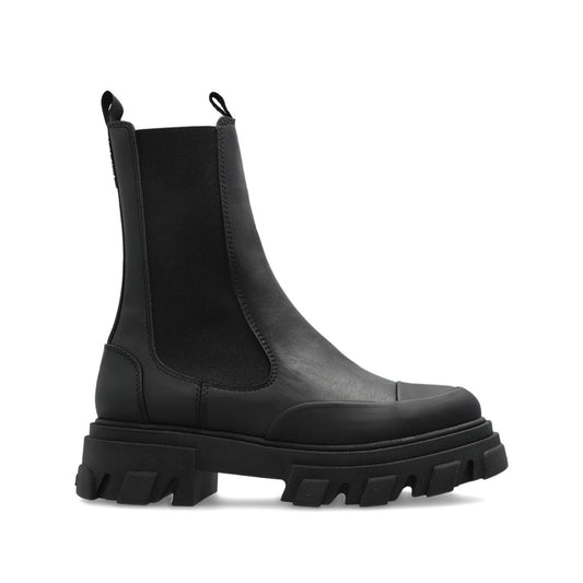 Black slip-on GANNI Boots with chunky rubber sole, elastic side panels, pull-tab, Chelsea mid-style leather.