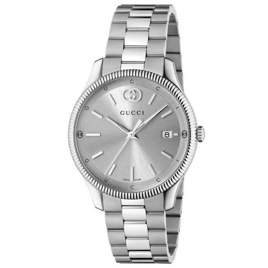 GUCCI MOD. G-TIMELESS silver watch with stainless steel band, elegant design showcasing luxury and style.