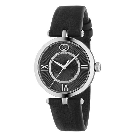 GUCCI Mod. 2000 luxury watch with black leather strap and silver casing, displaying an elegant Roman numeral dial.