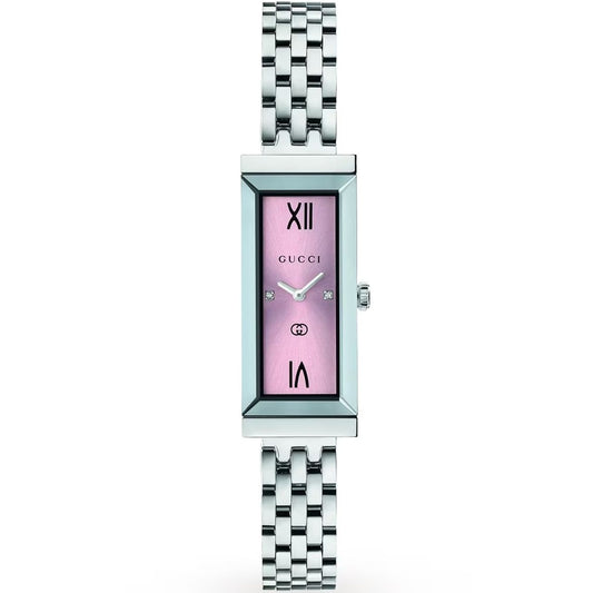 GUCCI Mod. G-FRAME REC watch with pink dial and silver bracelet.