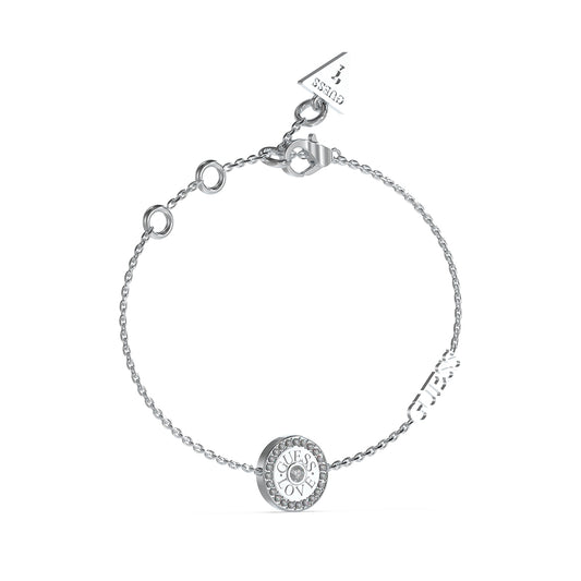 GUESS JEWELS JEWELRY Mod. JUBB04082JWRHS: Elegant silver bracelet with logo charm and detailed clasp.