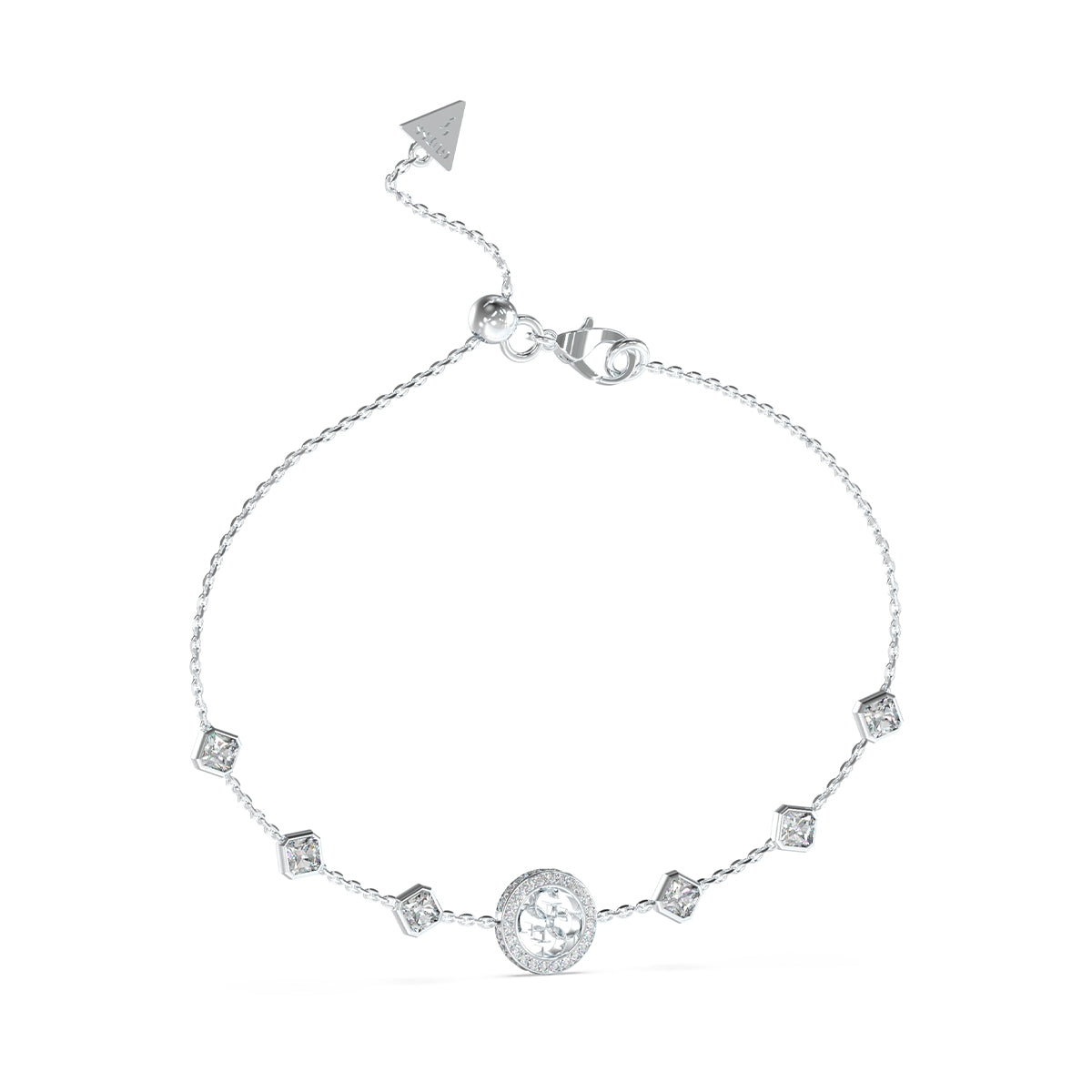 Elegant silver bracelet from GUESS JEWELS JEWELRY Mod. JUBB04156JWRHT-U with decorative stones, showcasing delicate craftsmanship.
