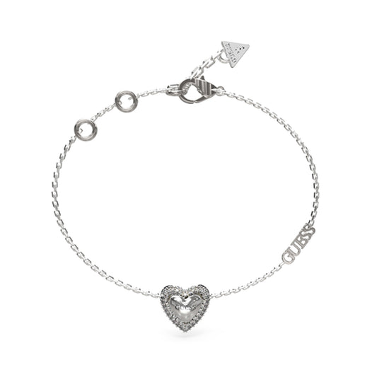 GUESS JEWELS JEWELRY Mod. JUBB05022JWRHS delicate silver heart bracelet with crystal embellishments and signature GUESS charm.