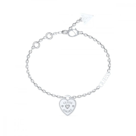 Elegant heart bracelet featuring GUESS JEWELS JEWELRY Mod. JUBB05057JWRHS with 'AMORE' inscribed, perfect for stylish occasions.