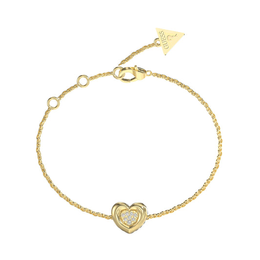GUESS JEWELS JEWELRY Mod. JUBB05461JWYGS gold heart bracelet with sparkling center stone and elegant chain design.