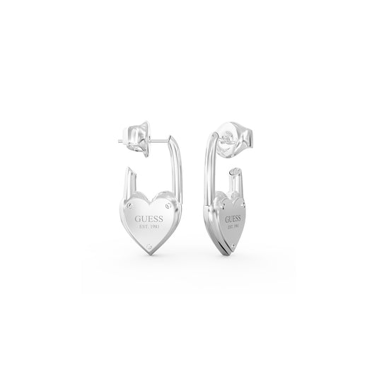 GUESS JEWELS JEWELRY Mod. JUBE04214JWRHT-U silver heart earrings displayed on a white background