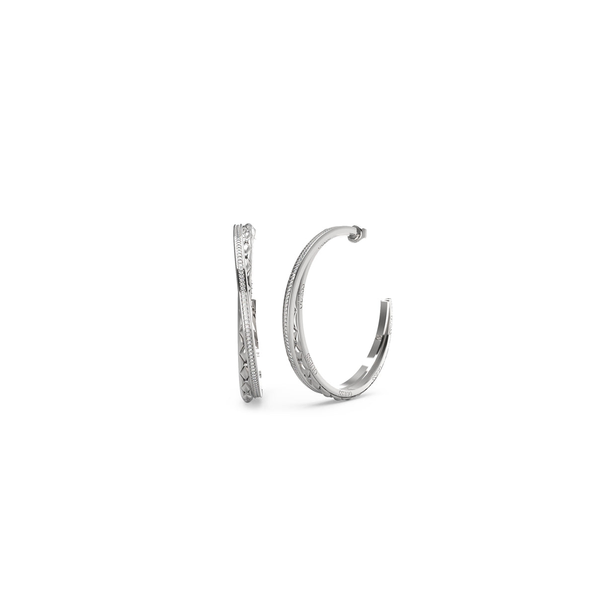 GUESS JEWELS JEWELRY Mod. JUBE04585JWRHT-U silver hoop earrings with intricate design on white background.
