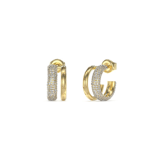GUESS JEWELS JEWELRY Mod. JUBE05197JWYGT-U gold hoop earrings with crystals, front and side view, elegant design for women