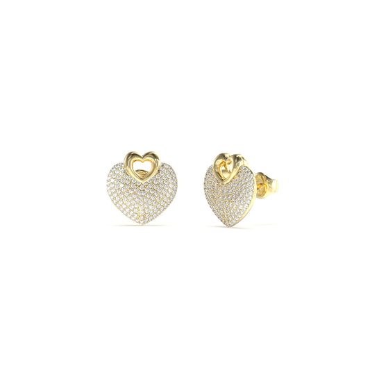 Heart-shaped earrings from GUESS JEWELS JEWELRY Mod. JUBE05213JWYGT-U in gold with intricate detail and sparkling design.