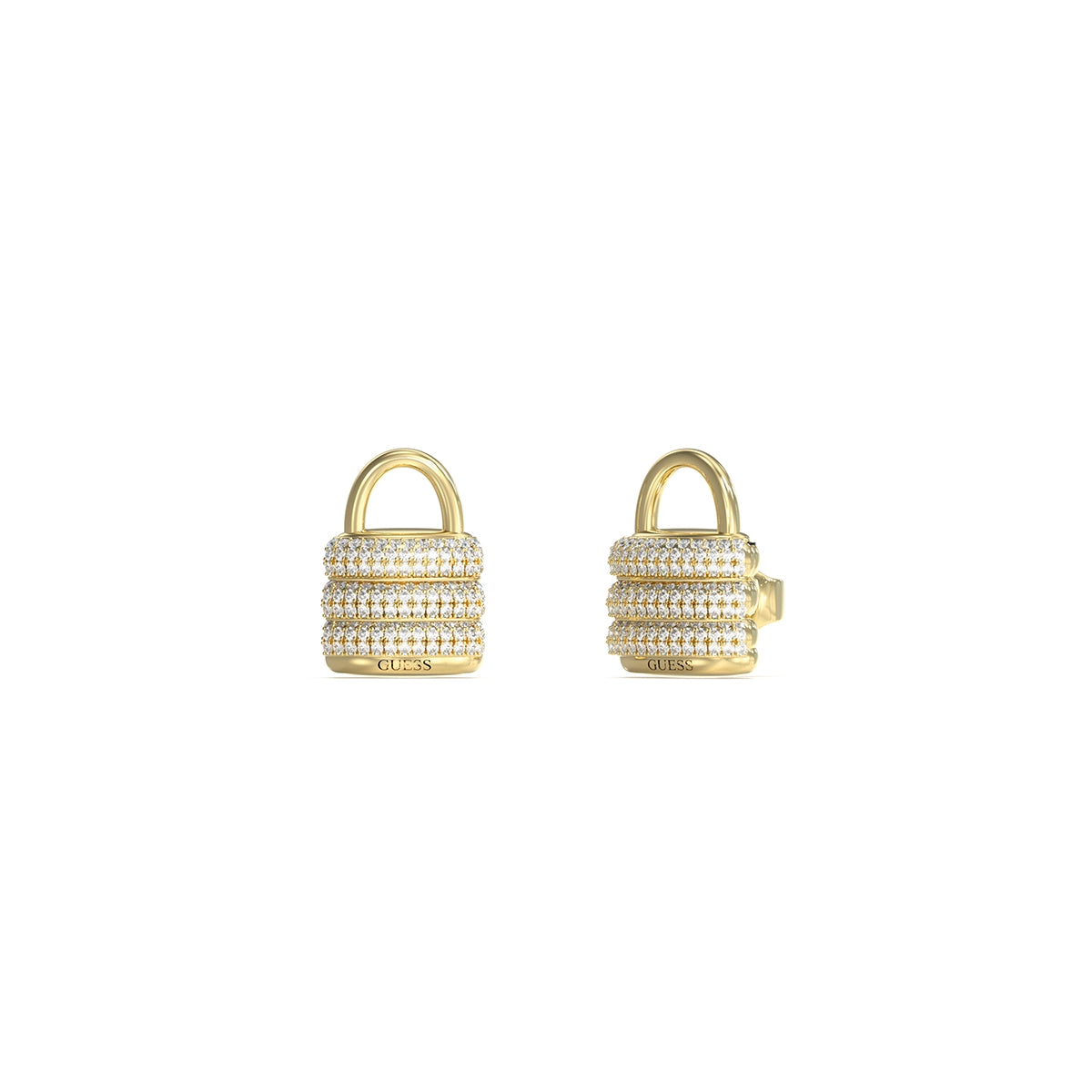 Gold lock-inspired earrings, GUESS JEWELS JEWELRY Mod. JUBE05419JWYGT-U, sparkling with crystals, luxurious accessory