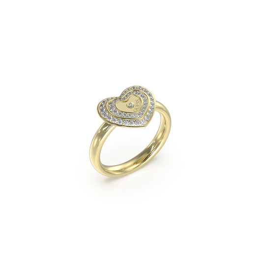 GUESS JEWELS JEWELRY Mod. JUBR04034JWYG52 gold ring with heart design featuring crystals.