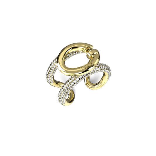 Stylish GUESS JEWELS JEWELRY Mod. JUBR04522JWYG52 gold and crystal ring featuring a modern intertwined design.