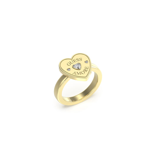 "GUESS JEWELS JEWELRY Mod. JUBR05059JWYG52 gold heart ring with 'GUESS AMORE' engraving"