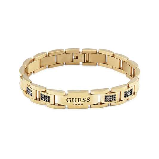GUESS JEWELS JEWELRY Mod. JUMB01342JWYGBKT-U gold bracelet with logo and black accents.