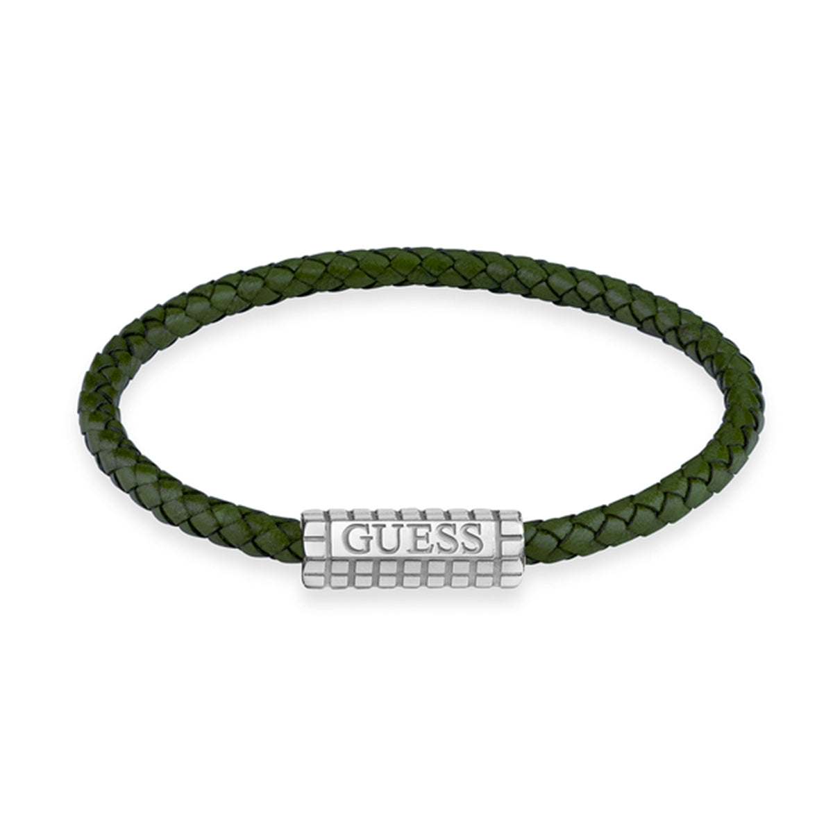 GUESS JEWELS JEWELRY Mod. JUMB05035JWSTDGS green braided bracelet with silver GUESS logo clasp.