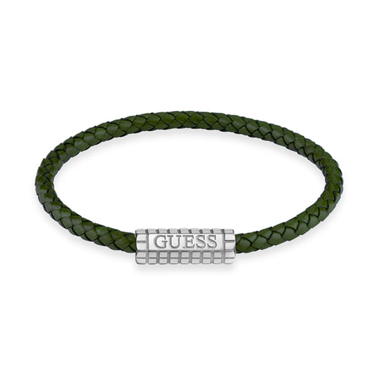 GUESS JEWELS JEWELRY Mod. JUMB05035JWSTDGS green braided bracelet with silver GUESS logo clasp.