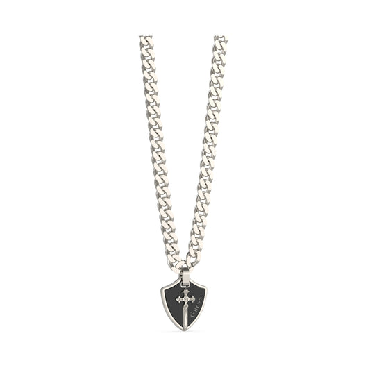 GUESS JEWELS JEWELRY Mod. JUMN04019JWSTBKT-U necklace with shield pendant on white background