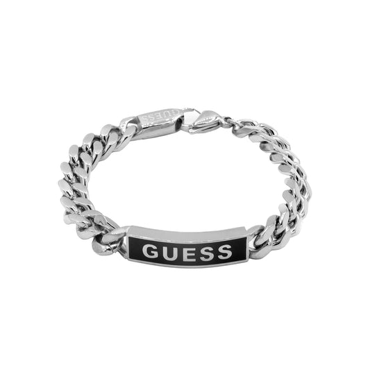 GUESS JEWELS JEWELRY Mod. JUXB03002JWSTBKS silver bracelet featuring GUESS logo on black plaque.