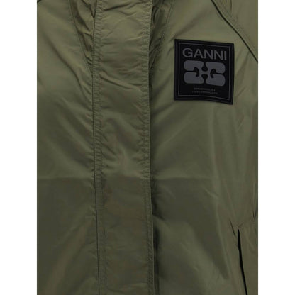 Ganni Green Nylon Shell Jacket with logo patch, hood, and zipper, ideal for all-weather protection, Autumn-Winter 2025 collection.