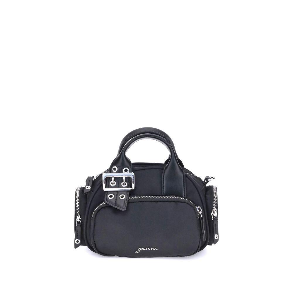 Black Ganni Polochon mini Handbag with top handle, adjustable shoulder strap, zipper closure, pockets, and silver-tone logo.