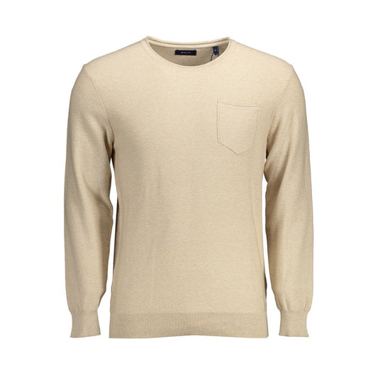 Gant Beige Cotton Men Sweater with crew neck and pocket, featuring classic comfort and iconic emblem for elegant style