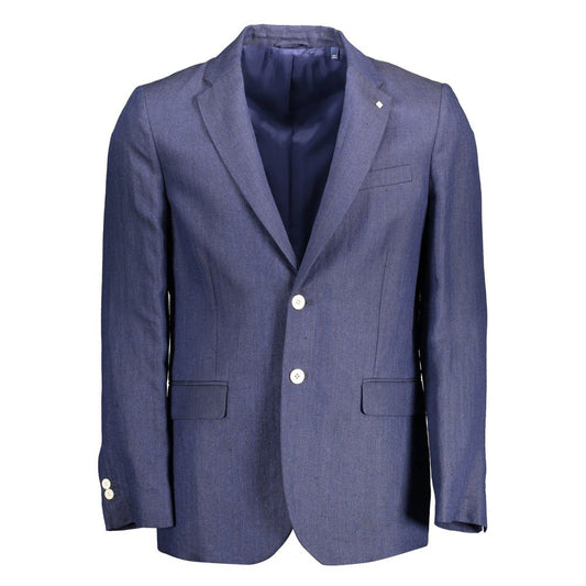 Gant Blue Linen Men Jacket with long sleeves and two-button closure, ideal for elegant casual wear.