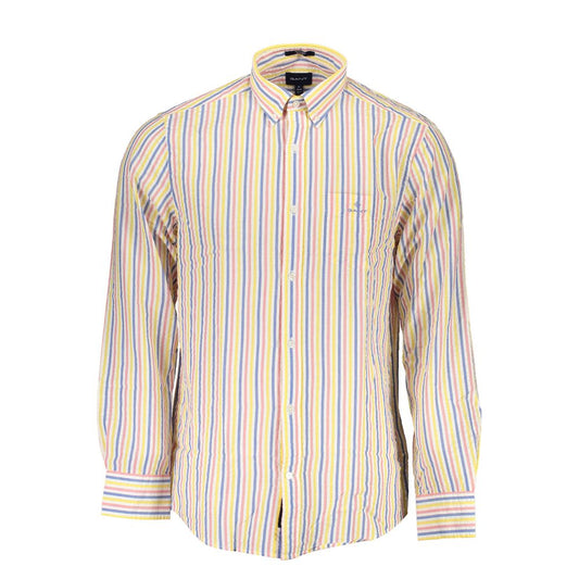 Gant White Cotton Men Shirt featuring colorful stripes, button-down collar, and single pocket for classic style.